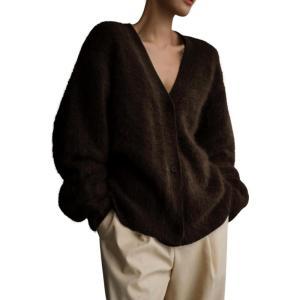 imagechouyatou Women Furry Open Front Cardigan VNeck Loose Casual Fluffy Knit Button Down Sweater CoatDark Brown