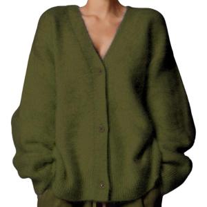 imagechouyatou Women Furry Open Front Cardigan VNeck Loose Casual Fluffy Knit Button Down Sweater CoatGreen