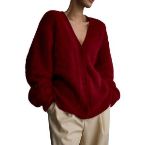 imagechouyatou Women Furry Open Front Cardigan VNeck Loose Casual Fluffy Knit Button Down Sweater CoatRed