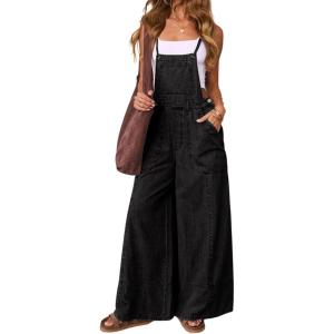 imagechouyatou Women Spaghetti Strap Wide Leg Denim Bib Overalls Jeans Casual Distressed Baggy Denim JumpsuitBlack
