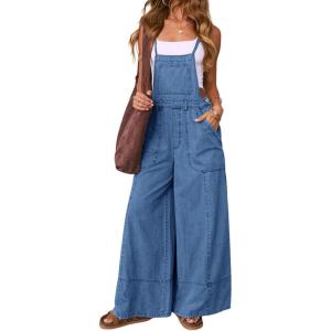 imagechouyatou Women Spaghetti Strap Wide Leg Denim Bib Overalls Jeans Casual Distressed Baggy Denim JumpsuitBlue