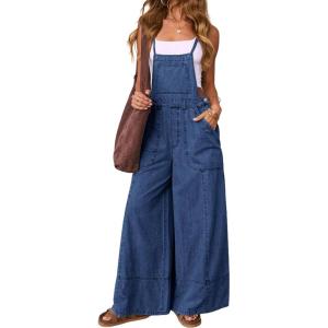 imagechouyatou Women Spaghetti Strap Wide Leg Denim Bib Overalls Jeans Casual Distressed Baggy Denim JumpsuitDark Blue