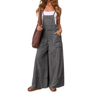 imagechouyatou Women Spaghetti Strap Wide Leg Denim Bib Overalls Jeans Casual Distressed Baggy Denim JumpsuitGrey