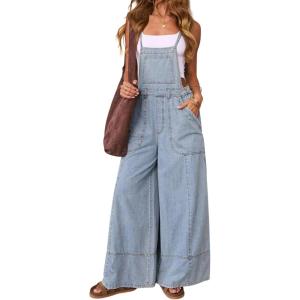 imagechouyatou Women Spaghetti Strap Wide Leg Denim Bib Overalls Jeans Casual Distressed Baggy Denim JumpsuitLight Blue