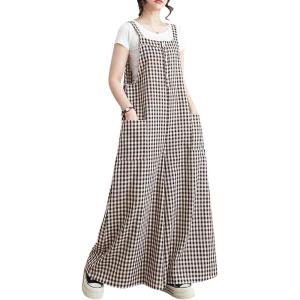 imagechouyatou Women Summer Casual Plaid Wide Leg Cotton Linen Overalls Palazzo Pants Boyfriend Baggy JumpsuitsBrown