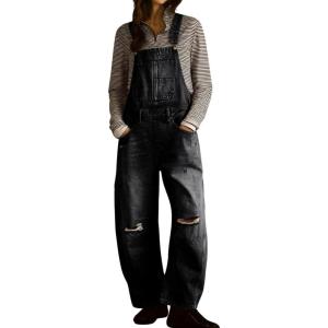 imagechouyatou Womens 2025 Baggy Adjustable Strap Denim Bib Overall Distressed Wide Leg Barrel Jeans Overall JumpsuitsBlack