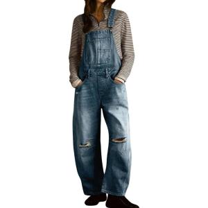 imagechouyatou Womens 2025 Baggy Adjustable Strap Denim Bib Overall Distressed Wide Leg Barrel Jeans Overall JumpsuitsBlue