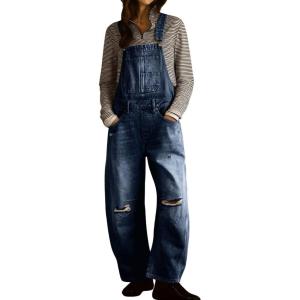 imagechouyatou Womens 2025 Baggy Adjustable Strap Denim Bib Overall Distressed Wide Leg Barrel Jeans Overall JumpsuitsDark Blue