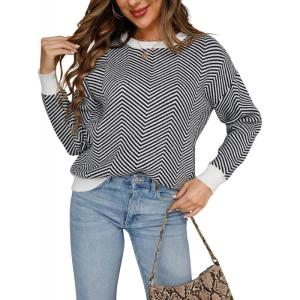 imagechouyatou Womens 2025 Fall Outfits Herringbone Striped Sweater Crewneck Long Sleeve Pullover Jumper TopsBlack