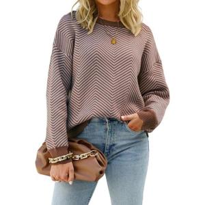 imagechouyatou Womens 2025 Fall Outfits Herringbone Striped Sweater Crewneck Long Sleeve Pullover Jumper TopsCoffee