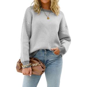 imagechouyatou Womens 2025 Fall Outfits Herringbone Striped Sweater Crewneck Long Sleeve Pullover Jumper TopsLight Grey