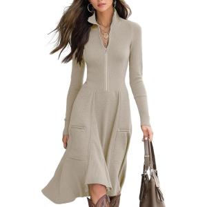 imagechouyatou Womens 2025 Winter Fall Dresses Long Sleeve Semi Formal ALine Rib Knit Midi Long Sweater DressBeige