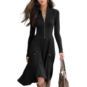 imagechouyatou Womens 2025 Winter Fall Dresses Long Sleeve Semi Formal ALine Rib Knit Midi Long Sweater DressBlack