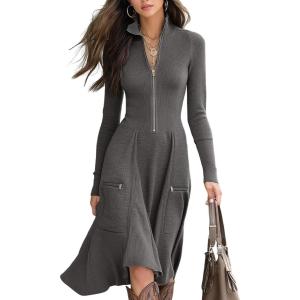 imagechouyatou Womens 2025 Winter Fall Dresses Long Sleeve Semi Formal ALine Rib Knit Midi Long Sweater DressGrey