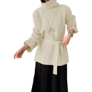 imagechouyatou Womens Casual Turtleneck Belted Sweaters Ribbed Knit Slouchy Pullover Sweater Tunic Tops with Side SlitBeige