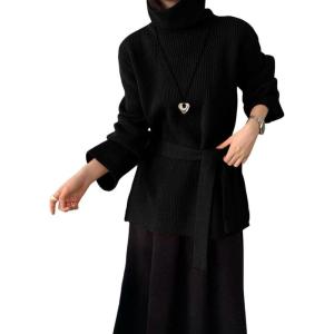 imagechouyatou Womens Casual Turtleneck Belted Sweaters Ribbed Knit Slouchy Pullover Sweater Tunic Tops with Side SlitBlack