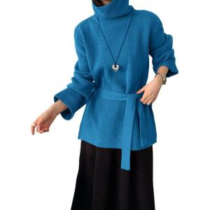 imagechouyatou Womens Casual Turtleneck Belted Sweaters Ribbed Knit Slouchy Pullover Sweater Tunic Tops with Side SlitBlue
