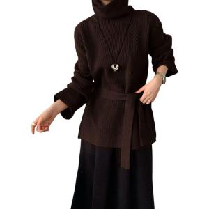 imagechouyatou Womens Casual Turtleneck Belted Sweaters Ribbed Knit Slouchy Pullover Sweater Tunic Tops with Side SlitCoffee
