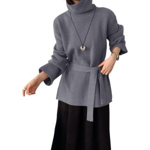 imagechouyatou Womens Casual Turtleneck Belted Sweaters Ribbed Knit Slouchy Pullover Sweater Tunic Tops with Side SlitGray