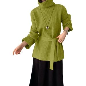 imagechouyatou Womens Casual Turtleneck Belted Sweaters Ribbed Knit Slouchy Pullover Sweater Tunic Tops with Side SlitGreen