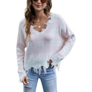 imagechouyatou Womens Cute Y2k Ripped Sweater Frayed VNeck LooseFit Floral Knitted Pullover Crop TopChecked Pink