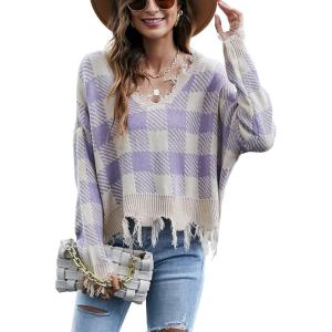 imagechouyatou Womens Cute Y2k Ripped Sweater Frayed VNeck LooseFit Floral Knitted Pullover Crop TopChecked Purple