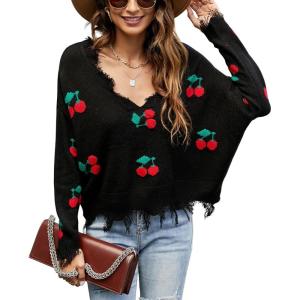 imagechouyatou Womens Cute Y2k Ripped Sweater Frayed VNeck LooseFit Floral Knitted Pullover Crop TopCherry Black