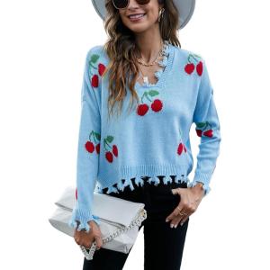 imagechouyatou Womens Cute Y2k Ripped Sweater Frayed VNeck LooseFit Floral Knitted Pullover Crop TopCherry Blue