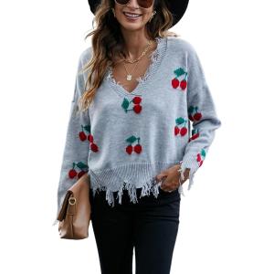 imagechouyatou Womens Cute Y2k Ripped Sweater Frayed VNeck LooseFit Floral Knitted Pullover Crop TopCherry Gray