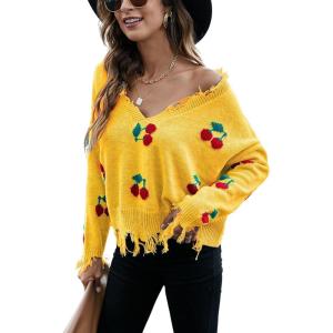 imagechouyatou Womens Cute Y2k Ripped Sweater Frayed VNeck LooseFit Floral Knitted Pullover Crop TopCherry Yellow