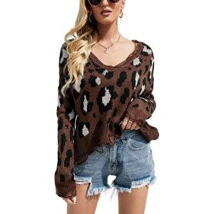 imagechouyatou Womens Cute Y2k Ripped Sweater Frayed VNeck LooseFit Floral Knitted Pullover Crop TopLeopard Coffee