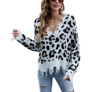 imagechouyatou Womens Cute Y2k Ripped Sweater Frayed VNeck LooseFit Floral Knitted Pullover Crop TopLeopard White