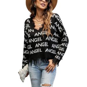 imagechouyatou Womens Cute Y2k Ripped Sweater Frayed VNeck LooseFit Floral Knitted Pullover Crop TopLetter Black
