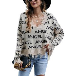 imagechouyatou Womens Cute Y2k Ripped Sweater Frayed VNeck LooseFit Floral Knitted Pullover Crop TopLetter Khaki