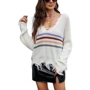 imagechouyatou Womens Cute Y2k Ripped Sweater Frayed VNeck LooseFit Floral Knitted Pullover Crop TopStriped White