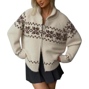 imagechouyatou Womens Fair Isle Sweater Coat Tribal Aztec Floral Zip Up Vintage Shawl Collar Knit CardiganApricot