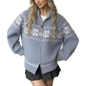 imagechouyatou Womens Fair Isle Sweater Coat Tribal Aztec Floral Zip Up Vintage Shawl Collar Knit CardiganBlue Grey