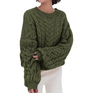 imagechouyatou Womens Fall Cable Knit Pullover Sweater Crewneck Loose Chunky Sweater Jumper TopsArmy Green