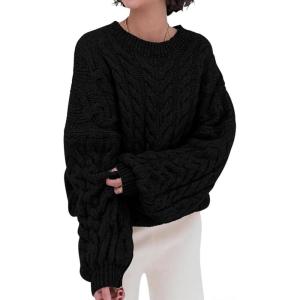 imagechouyatou Womens Fall Cable Knit Pullover Sweater Crewneck Loose Chunky Sweater Jumper TopsBlack