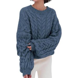 imagechouyatou Womens Fall Cable Knit Pullover Sweater Crewneck Loose Chunky Sweater Jumper TopsBlue