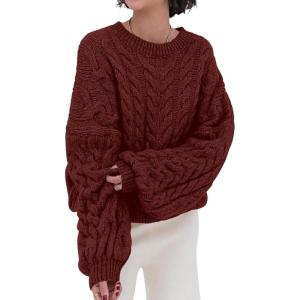 imagechouyatou Womens Fall Cable Knit Pullover Sweater Crewneck Loose Chunky Sweater Jumper TopsBrick Red