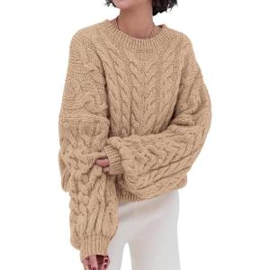 imagechouyatou Womens Fall Cable Knit Pullover Sweater Crewneck Loose Chunky Sweater Jumper TopsCamel