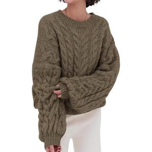 imagechouyatou Womens Fall Cable Knit Pullover Sweater Crewneck Loose Chunky Sweater Jumper TopsGreenish Khaki