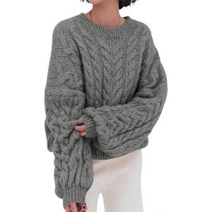 imagechouyatou Womens Fall Cable Knit Pullover Sweater Crewneck Loose Chunky Sweater Jumper TopsGrey