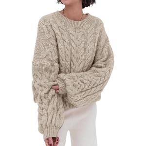 imagechouyatou Womens Fall Cable Knit Pullover Sweater Crewneck Loose Chunky Sweater Jumper TopsKhaki