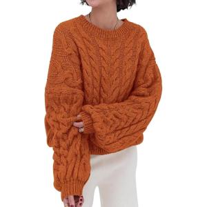 imagechouyatou Womens Fall Cable Knit Pullover Sweater Crewneck Loose Chunky Sweater Jumper TopsOrange