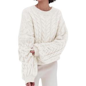 imagechouyatou Womens Fall Cable Knit Pullover Sweater Crewneck Loose Chunky Sweater Jumper TopsWhite