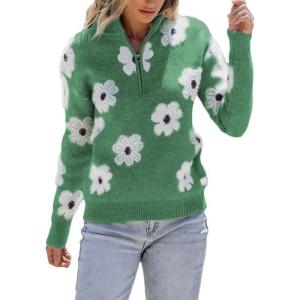 imagechouyatou Womens Fall Cute Floral Polo Collared Sweater 12 Zip Up Fuzzy Jacquard Knit Pullover Jumper TopsGreen