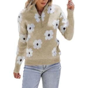 imagechouyatou Womens Fall Cute Floral Polo Collared Sweater 12 Zip Up Fuzzy Jacquard Knit Pullover Jumper TopsKhaki