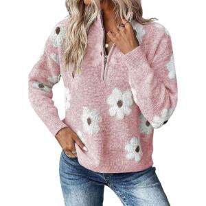 imagechouyatou Womens Fall Cute Floral Polo Collared Sweater 12 Zip Up Fuzzy Jacquard Knit Pullover Jumper TopsPink